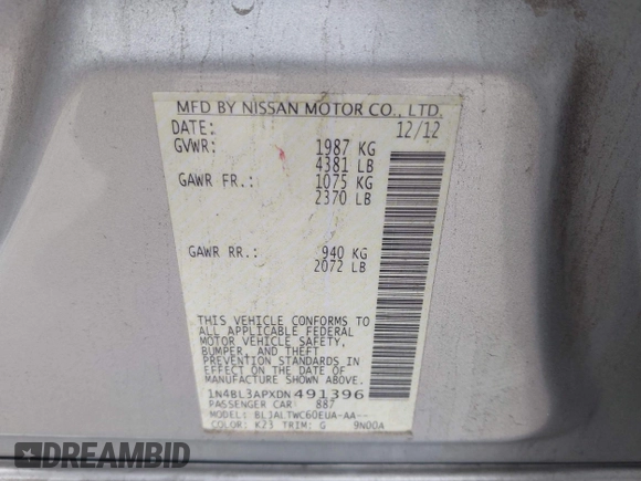 2013 Nissan Altima SV with VIN 1N4BL3APXDN491396, listed as a IAAI auction lot 41916221 with Not Provided miles and . Bid and sale history available at carsss.com. Image 9.