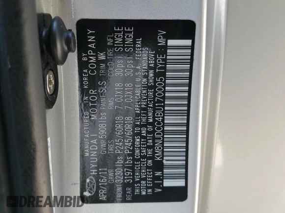 2011 Hyundai Veracruz GLS with VIN KM8NUDCC4BU170005, listed as a Copart auction lot 62420415 with 96,846 mi miles and Salvage title. Bid and sale history available at DreamBid. Image 12.