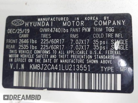 2020 Hyundai Tucson SE with VIN KM8J2CA41LU213551, listed as a IAAI auction lot 41393918 with 68,142 mi miles. Bid and sale history available at carsss.com. Image 9.