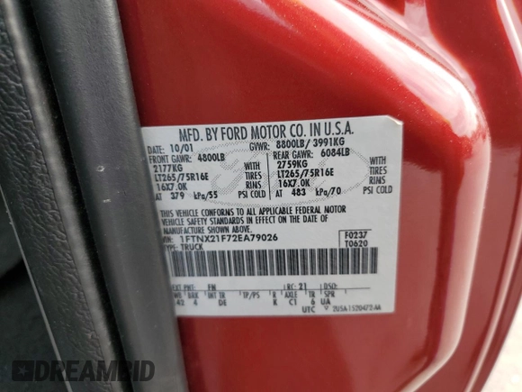 2002 Ford F-250 XL z VIN 1FTNX21F72EA79026, wystawiony jako Copart lot #55917255 z przebiegiem 265 951 mil mil oraz Szkoda całkowita • Salvage title. Historia ofert i sprzedaży dostępna na DreamBid. Obrazek 12.