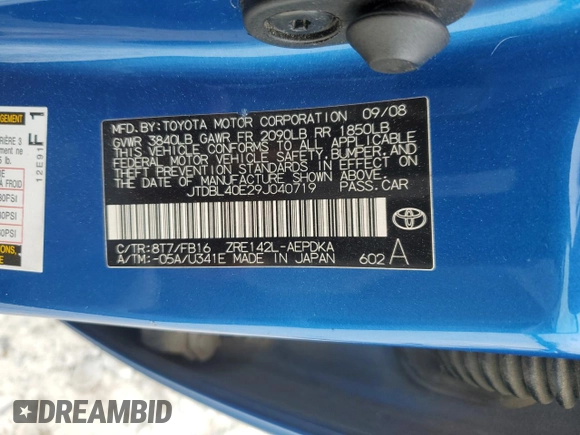 2009 Toyota Corolla with VIN JTDBL40E29J040719, listed as a Copart auction lot 55596955 with 178,358 mi miles and Clean Title. Bid and sale history available at carsss.com. Image 12.
