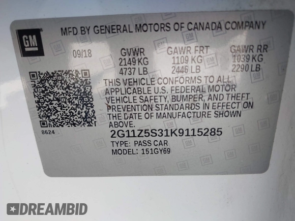2019 Chevrolet Impala LT with VIN 2G11Z5S31K9115285, listed as a IAAI auction lot 40641719 with 115,717 mi miles and . Bid and sale history available at DreamBid. Image 9.
