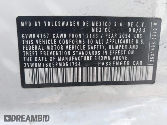 2023 Volkswagen Jetta Sport with VIN 3VWBM7BU5PM051794, listed as a IAAI auction lot 42023152 with 31,826 mi miles and . Bid and sale history available at DreamBid. Image 9.