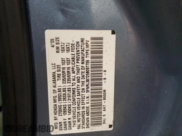 2005 Honda Odyssey EX-L with VIN 5FNRL38725B097759, listed as a Copart auction lot 49485295 with 199,008 mi miles and Salvage title. Bid and sale history available at DreamBid. Image 14.