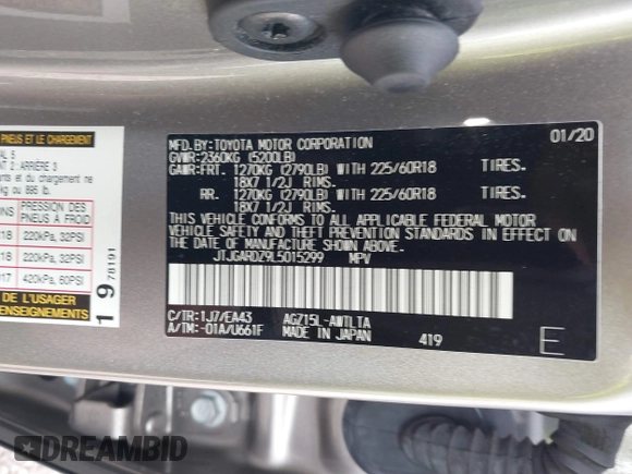 2020 Lexus NX 300 with VIN JTJGARDZ9L5015299, listed as a IAAI auction lot 41683599 with 51,191 mi miles and . Bid and sale history available at DreamBid. Image 9.
