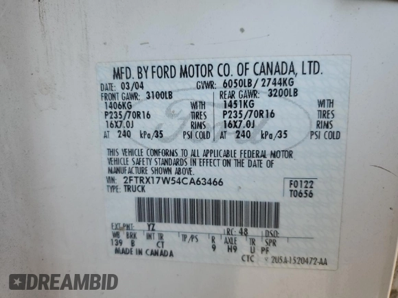 2004 Ford F-150 XL with VIN 2FTRX17W54CA63466, listed as a Copart auction lot 64022895 with 329,377 mi miles and Salvage title. Bid and sale history available at DreamBid. Image 12.