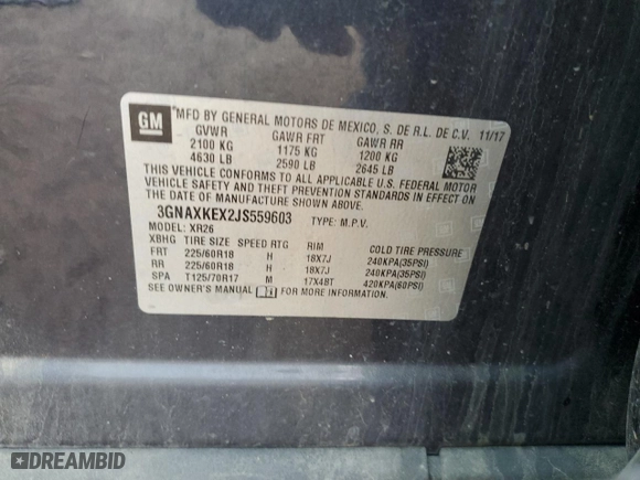 2018 Chevrolet Equinox LT with VIN 3GNAXKEX2JS559603, listed as a Copart auction lot 51622025 with 77,766 mi miles and Salvage Title. Bid and sale history available at carsss.com. Image 15.