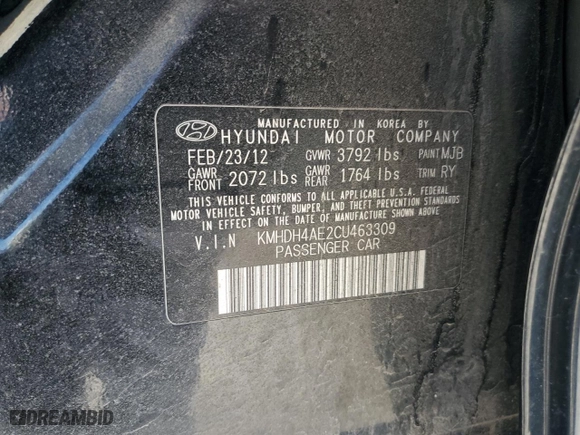 2012 Hyundai Elantra GLS with VIN KMHDH4AE2CU463309, listed as a Copart auction lot 54091795 with 209,515 mi miles and Clean Title. Bid and sale history available at carsss.com. Image 12.