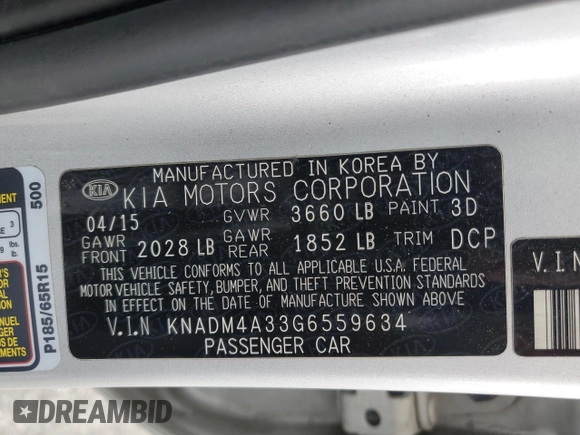 2016 Kia Rio LX with VIN KNADM4A33G6559634, listed as a Copart auction lot 53919115 with 166,854 mi miles and Clean Title. Bid and sale history available at carsss.com. Image 12.