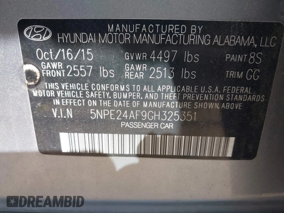 2016 Hyundai Sonata SE with VIN 5NPE24AF9GH325351, listed as a IAAI auction lot 42074939 with 160,663 mi miles and . Bid and sale history available at carsss.com. Image 9.