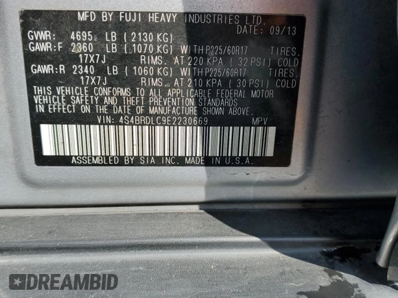 2014 Subaru Outback Limited with VIN 4S4BRDLC9E2230669, listed as a Copart auction lot 51413335 with 138,797 mi miles and Salvage title. Bid and sale history available at DreamBid. Image 13.