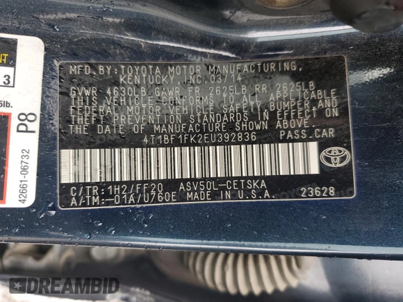 2014 Toyota Camry L with VIN 4T1BF1FK2EU392836, listed as a Copart auction lot 50820025 with 131,313 mi miles and Salvage Title. Bid and sale history available at DreamBid. Image 12.