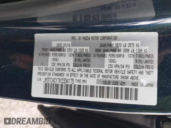 2019 Mazda CX-9 Touring with VIN JM3TCACY7K0334175, listed as a IAAI auction lot 42274697 with 39,751 mi miles and . Bid and sale history available at DreamBid. Image 9.