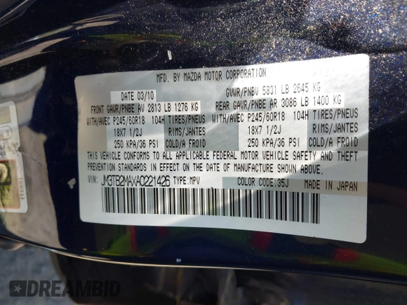 2010 Mazda CX-9 Sport с VIN JM3TB2MAXA0221426, выставлен на аукционе IAAI как лот 42274292 с пробегом 164 968 миль миль и . История ставок и продаж доступна на DreamBid. Изображение 9.