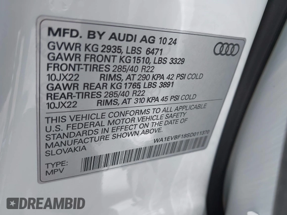 2025 Audi Q8 Premium Plus z VIN WA1EVBF18SD011370, wystawiony jako IAAI lot #42033326 z przebiegiem 164 mil mil oraz . Historia ofert i sprzedaży dostępna na DreamBid. Obrazek 9.