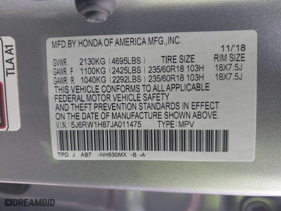 2018 Honda CR-V EX-L with VIN 5J6RW1H87JA011475, listed as a IAAI auction lot 41596414 with 80,821 mi miles. Bid and sale history available at carsss.com. Image 9.