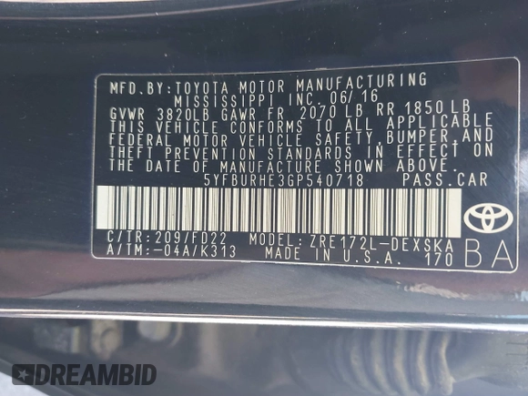 2016 Toyota Corolla L with VIN 5YFBURHE3GP540718, listed as a IAAI auction lot 41821750 with 89,365 mi miles and . Bid and sale history available at DreamBid. Image 9.