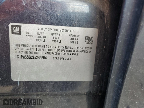 2014 Chevrolet Cruze LS with VIN 1G1PA5SG2E7245554, listed as a Copart auction lot 47230925 with 104,557 mi miles and Salvage Title. Bid and sale history available at carsss.com. Image 12.