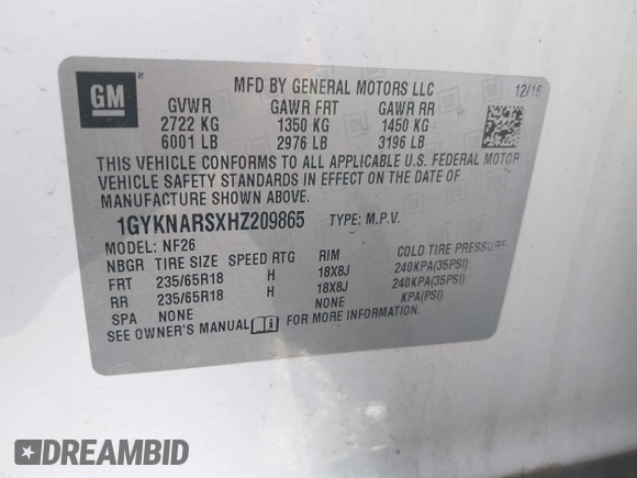 2017 Cadillac XT5 FWD с VIN 1GYKNARSXHZ209865, выставлен на аукционе IAAI как лот 41670012 с пробегом 105 567 миль миль и . История ставок и продаж доступна на DreamBid. Изображение 9.