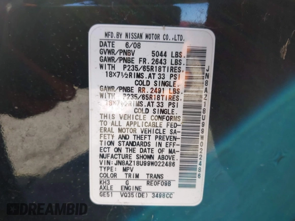 2009 Nissan Murano SL with VIN JN8AZ18U99W022486, listed as a IAAI auction lot 41848521 with 109,787 mi miles and . Bid and sale history available at DreamBid. Image 9.