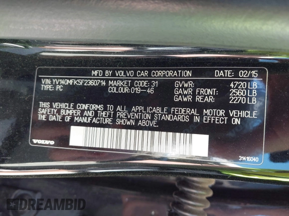 2015 Volvo S60 T5 Drive-E Premier with VIN YV140MFK5F2360714, listed as a IAAI auction lot 42043000 with 170,062 mi miles. Bid and sale history available at carsss.com. Image 9.