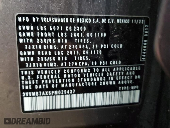 2023 Volkswagen Tiguan SE z VIN 3VVMB7AX5PM029437, wystawiony jako Copart lot #44902825 z przebiegiem 54 167 mil mil oraz Szkoda całkowita • Salvage title. Historia ofert i sprzedaży dostępna na DreamBid. Obrazek 13.