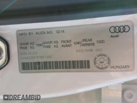 2015 Audi A3 1.8T Premium Plus with VIN WAUCCGFF1F1007242, listed as a Copart auction lot 66384951 with 58,164 mi miles. Bid and sale history available at carsss.com. Image 10.