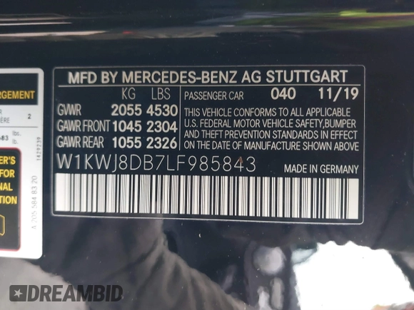 2020 Mercedes-Benz C 300 with VIN W1KWJ8DB7LF985843, listed as a IAAI auction lot 41484590 with 22,561 mi miles and . Bid and sale history available at DreamBid. Image 9.