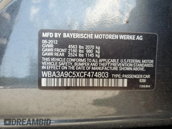 2012 BMW 3 Series 335i with VIN WBA3A9C5XCF474803, listed as a Copart auction lot 57940675 with 121,960 mi miles and Salvage title. Bid and sale history available at DreamBid. Image 12.