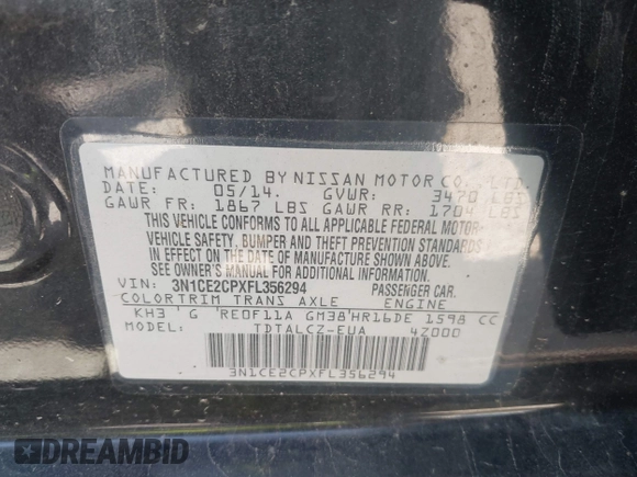 2015 Nissan Note SV with VIN 3N1CE2CPXFL356294, listed as a IAAI auction lot 39510902 with 196,181 mi miles and . Bid and sale history available at DreamBid. Image 9.