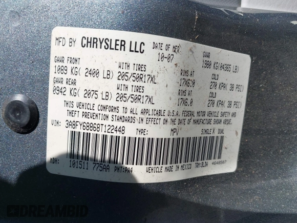 2008 Chrysler PT Cruiser Limited with VIN 3A8FY68868T122448, listed as a IAAI auction lot 41702816 with 113,347 mi miles and . Bid and sale history available at DreamBid. Image 9.
