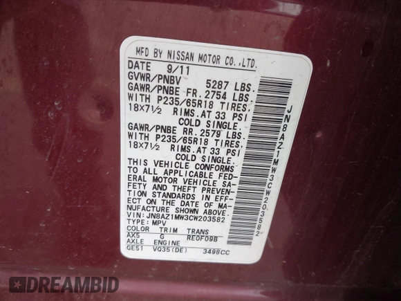 2012 Nissan Murano SV с VIN JN8AZ1MW3CW203582, выставлен на аукционе IAAI как лот 42432003 с пробегом 170 285 миль миль и . История ставок и продаж доступна на DreamBid. Изображение 9.
