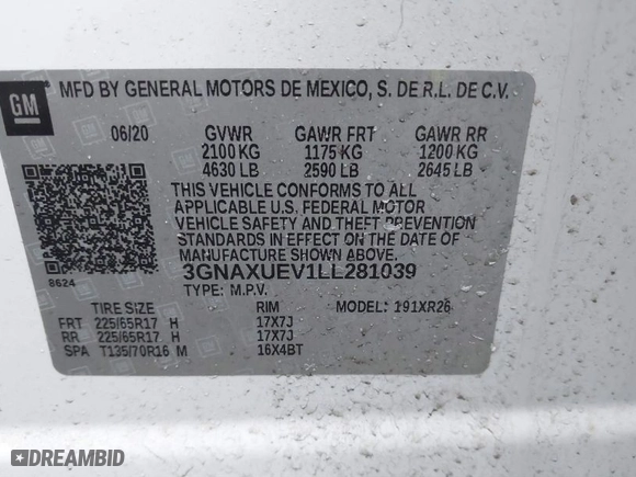 2020 Chevrolet Equinox LT with VIN 3GNAXUEV1LL281039, listed as a IAAI auction lot 41687573 with 36,324 mi miles. Bid and sale history available at carsss.com. Image 9.