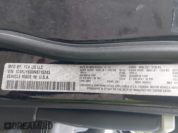 2022 Jeep Grand Cherokee with VIN 1C4RJYB69N8715243, listed as a IAAI auction lot 42319323 with 23,405 mi miles and . Bid and sale history available at DreamBid. Image 9.