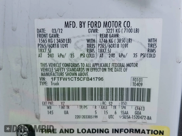 2012 Ford F-150 XL z VIN 1FTFW1CT5CFB41796, wystawiony jako IAAI lot #42109049 z przebiegiem 241 832 mil mil oraz . Historia ofert i sprzedaży dostępna na DreamBid. Obrazek 9.