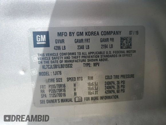2020 Chevrolet Trax LT with VIN KL7CJLSB1LB015932, listed as a Copart auction lot 53910755 with Not Provided miles and Clean Title. Bid and sale history available at DreamBid. Image 13.