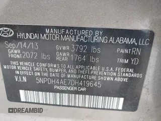 2013 Hyundai Elantra Limited with VIN 5NPDH4AE7DH419645, listed as a IAAI auction lot 41538041 with 53,935 mi miles and . Bid and sale history available at DreamBid. Image 9.