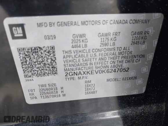 2019 Chevrolet Equinox LT z VIN 2GNAXKEV0K6247052, wystawiony jako IAAI lot #42192710 z przebiegiem 76 813 mil mil oraz . Historia ofert i sprzedaży dostępna na DreamBid. Obrazek 9.