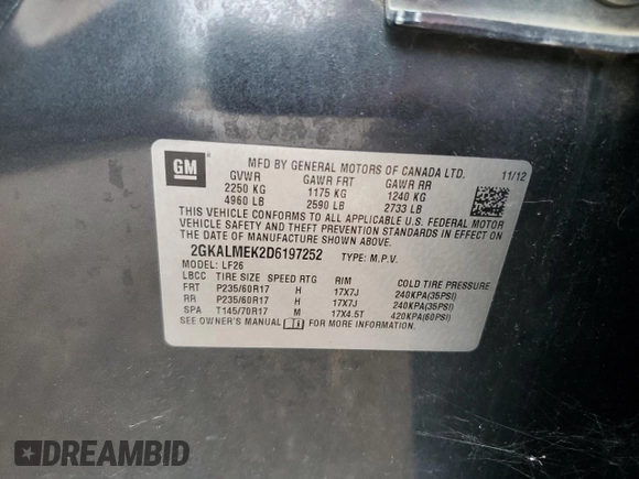 2013 GMC Terrain SLE z VIN 2GKALMEK2D6197252, wystawiony jako Copart lot #57682465 z przebiegiem 163 656 mil mil oraz Szkoda całkowita • Salvage title. Historia ofert i sprzedaży dostępna na DreamBid. Obrazek 13.