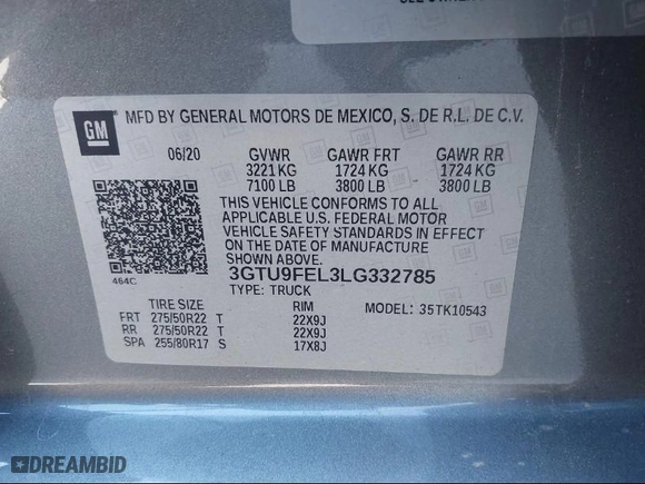 2020 GMC Sierra 1500 Denali with VIN 3GTU9FEL3LG332785, listed as a IAAI auction lot 41282268 with 110,429 mi miles. Bid and sale history available at carsss.com. Image 9.