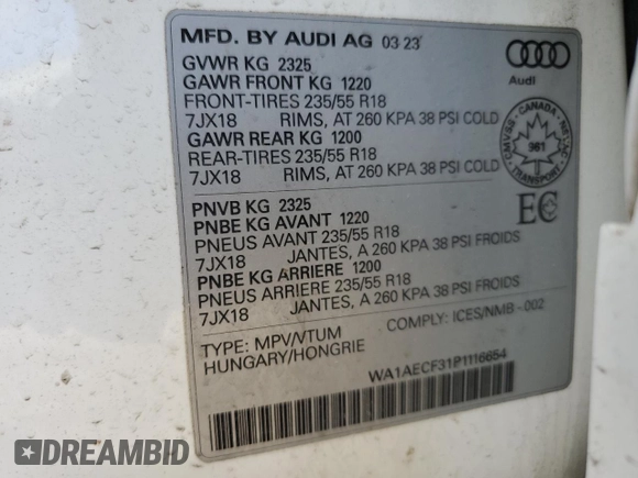 2023 Audi Q3 Premium with VIN WA1AECF31P1116654, listed as a Copart auction lot 49298415 with 29,422 mi miles and Salvage title. Bid and sale history available at DreamBid. Image 14.