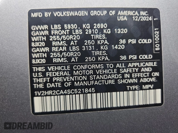 2025 Volkswagen Atlas SE with VIN 1V2HR2CA4SC521845, listed as a Copart auction lot 64470895 with 10,696 mi miles and Clean title. Bid and sale history available at DreamBid. Image 13.