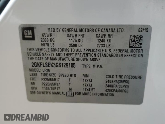 2016 GMC Terrain SLE with VIN 2GKFLSEK3G6129105, listed as a Copart auction lot 47785165 with 86,904 mi miles and Salvage Title. Bid and sale history available at DreamBid. Image 13.