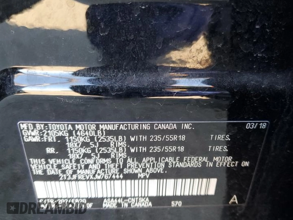 2018 Toyota RAV4 SE with VIN 2T3JFREVXJW767444, listed as a Copart auction lot 46703775 with 111,179 mi miles and Non repairable. Bid and sale history available at DreamBid. Image 13.