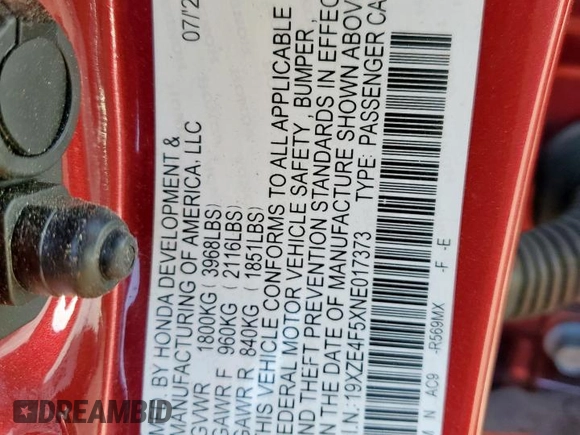 2022 Honda Insight EX z VIN 19XZE4F5XNE017373, wystawiony jako Copart lot #53974555 z przebiegiem 53 982 mil mil oraz Szkoda całkowita • Salvage title. Historia ofert i sprzedaży dostępna na DreamBid. Obrazek 12.