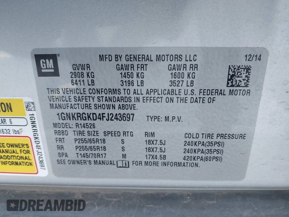 2015 Chevrolet Traverse LT with VIN 1GNKRGKD4FJ243697, listed as a IAAI auction lot 41809476 with 127,830 mi miles and . Bid and sale history available at DreamBid. Image 9.