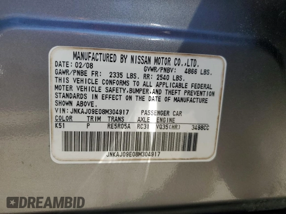 2008 Infiniti EX Journey with VIN JNKAJ09E08M304917, listed as a Copart auction lot 46478945 with Not provided miles and Clean title. Bid and sale history available at DreamBid. Image 12.