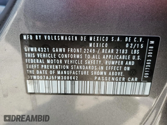 2015 Volkswagen Jetta Sedan 1.8T SE with VIN 3VWD07AJ5FM308642, listed as a Copart auction lot 86575394 with 166,862 mi miles and Non Repairable. Bid and sale history available at carsss.com. Image 13.