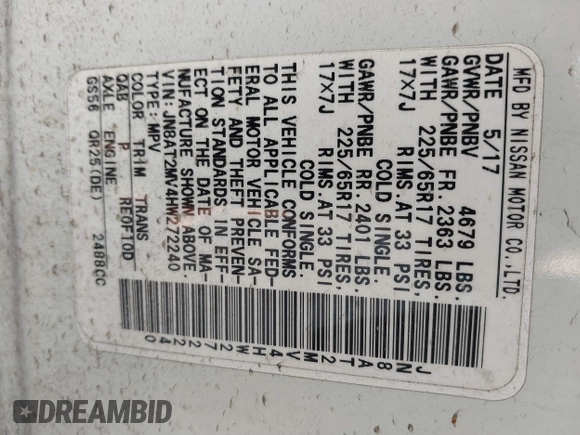 2017 Nissan Rogue S with VIN JN8AT2MV4HW272240, listed as a IAAI auction lot 41673688 with 67,311 mi miles and . Bid and sale history available at DreamBid. Image 9.