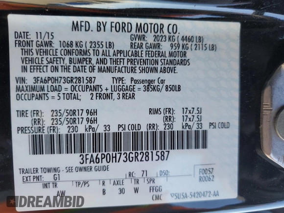 2016 Ford Fusion SE with VIN 3FA6P0H73GR281587, listed as a Copart auction lot 56597365 with 85,352 mi miles and Salvage title. Bid and sale history available at DreamBid. Image 12.